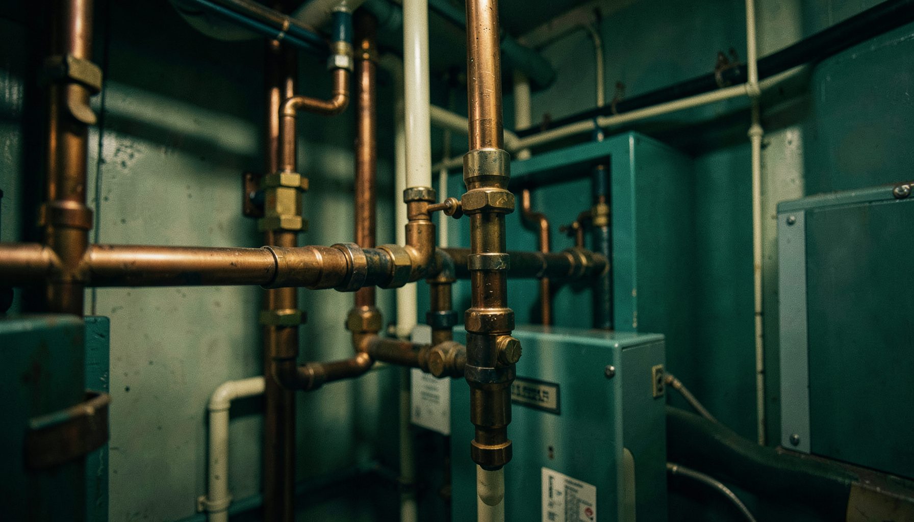 Warmly lit copper plumbing pipes and fittings in a residential mechanical room, deep teal and cream tones